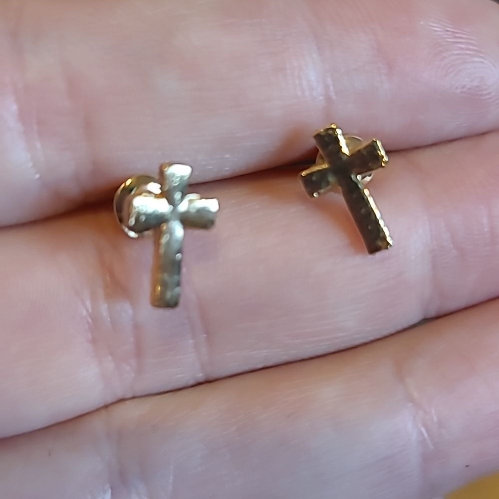 Small Religious Cross Stud Earrings - Gold Alloy Finish